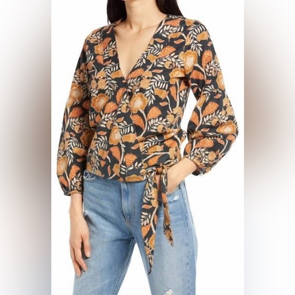 Faherty Seraphina Wrap Blouse Black Avignon Floral Size L - Picture 1 of 8